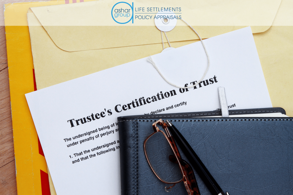 image of a trustee’s certification of trust with leather binder and glasses