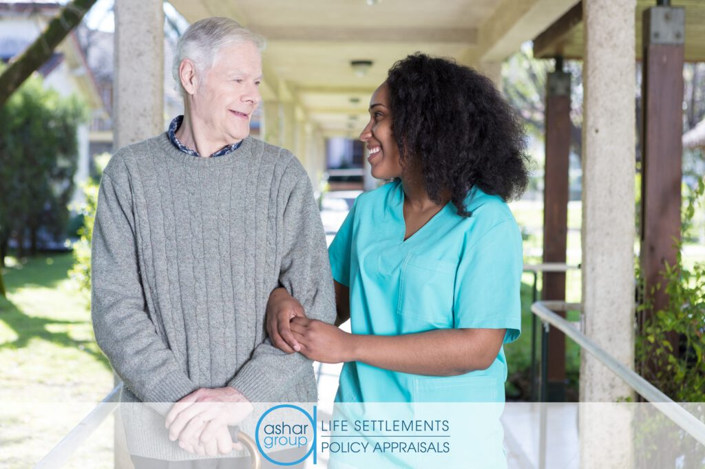 Elderly senior with cane walking with a nurse outdoors, illustrating longevity crisis