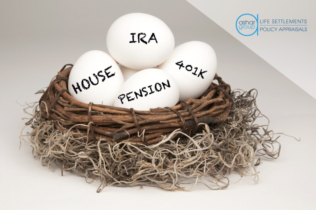 image of retirement nest egg concept with bird’s nest and four eggs inside representing retirement savings