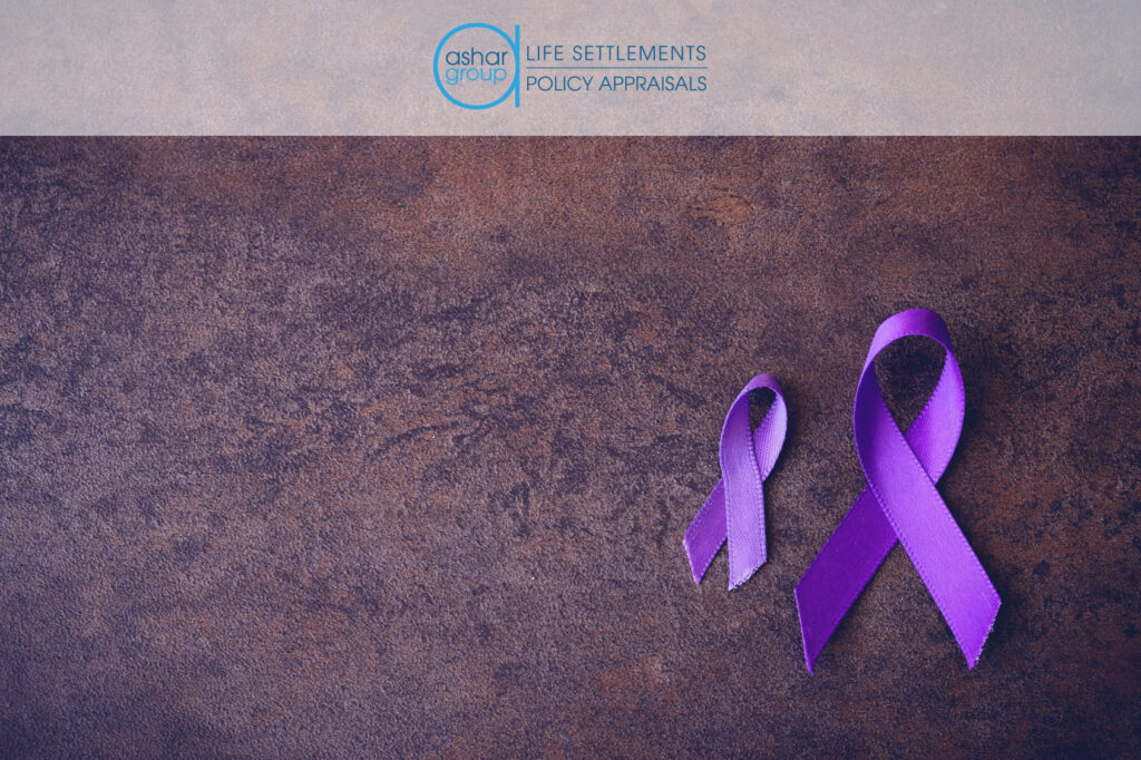 Purple ribbons on purple background for Alzheimer’s awareness