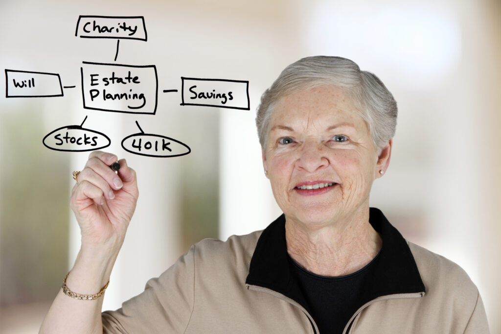 Retired woman deciding how to divide her money including giving